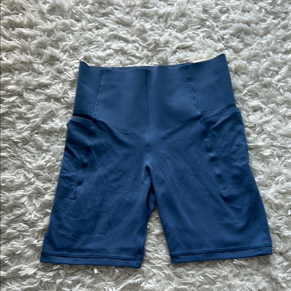 Women's Blue High-Waisted Shorts with side pockets